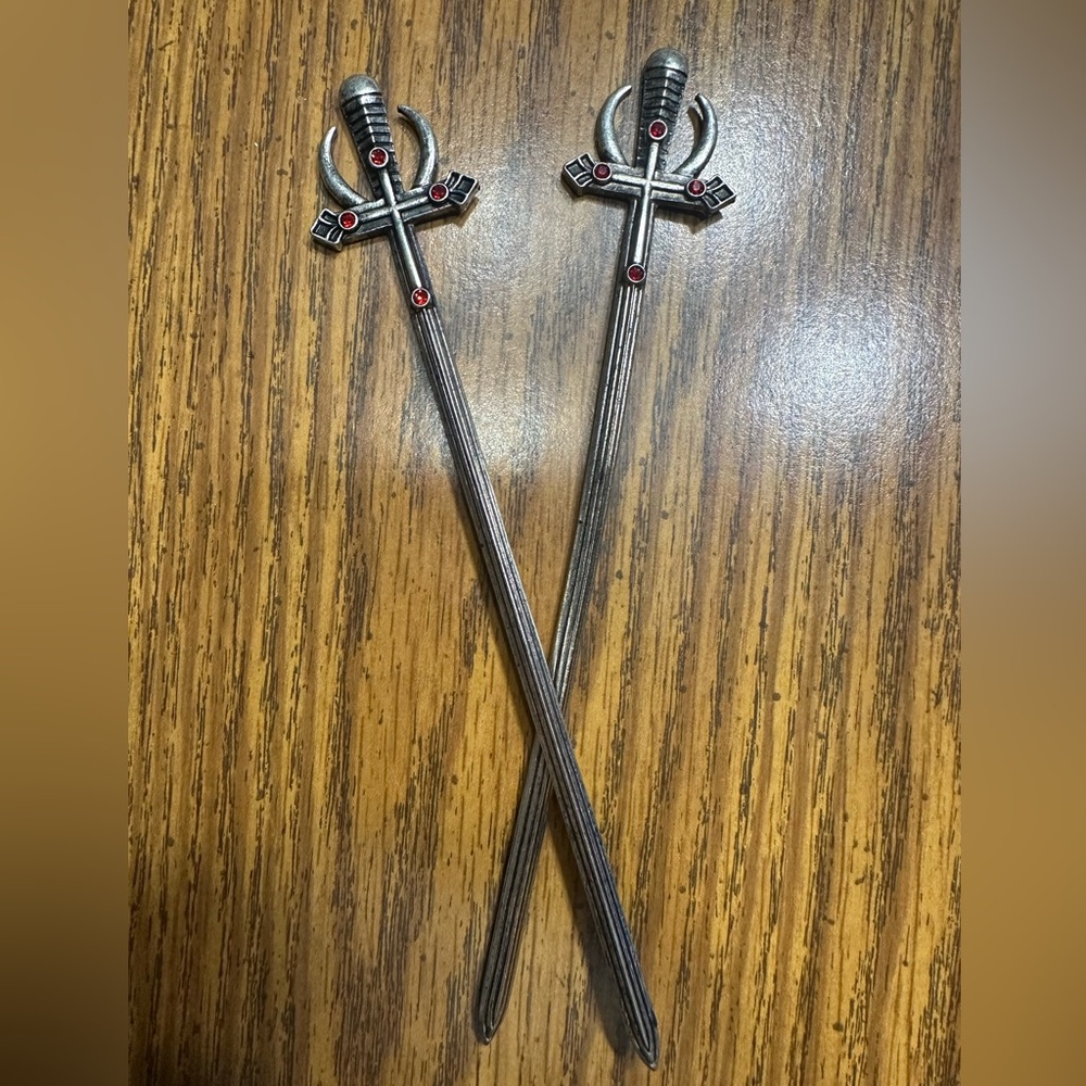 Silver Tone Sword Hair Sticks with Red Gem Accents - Pair